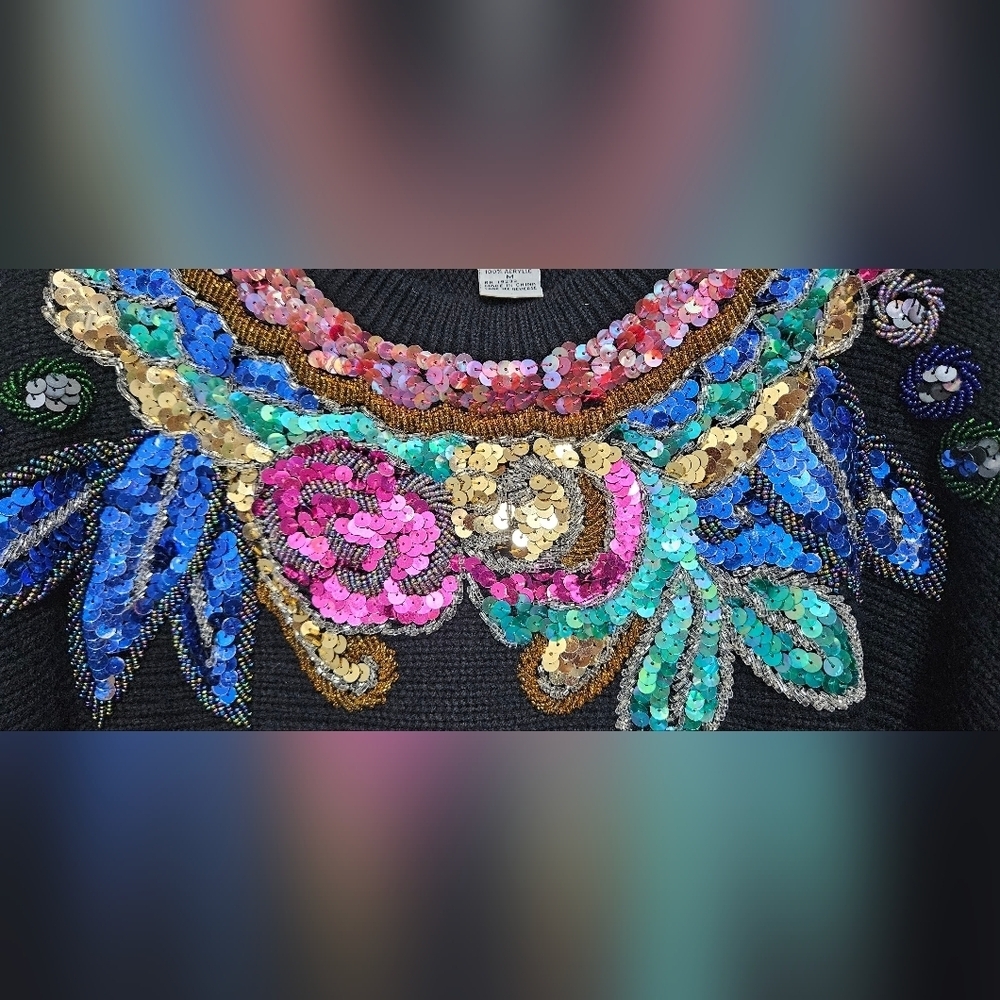 Alfred Dunner Vintage Black Sweater with Colorful Sequin Design. - Picture 6 of 7